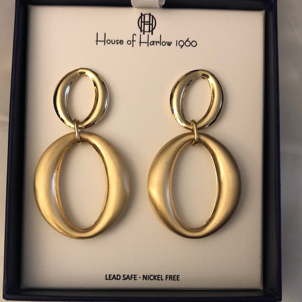House of Harlow 1960 Polished & Matte Gold Tone Double Oval Drop Earrings NIB